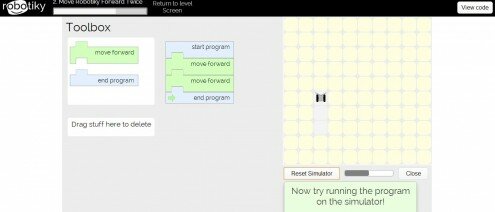 Nivel para principiantes en el lenguaje Scratch. Imagen: robotiky.com/demo/ 